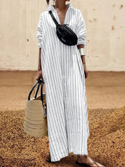 LIZAKOSHT  -  Long Stripe Shirt Dress Woman Blue Elegant Dress New Casual Pocket Lapel Button Loose Workplace Formal Dresses