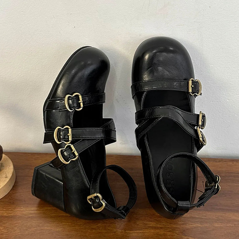 LIZAKOSHT  -  Gothic Retro Black Bucke Straps Pumps Vintage Brown Mary Janes Shoes Women Cute Burgundy Lolita 6cm Block High Heels Pumps