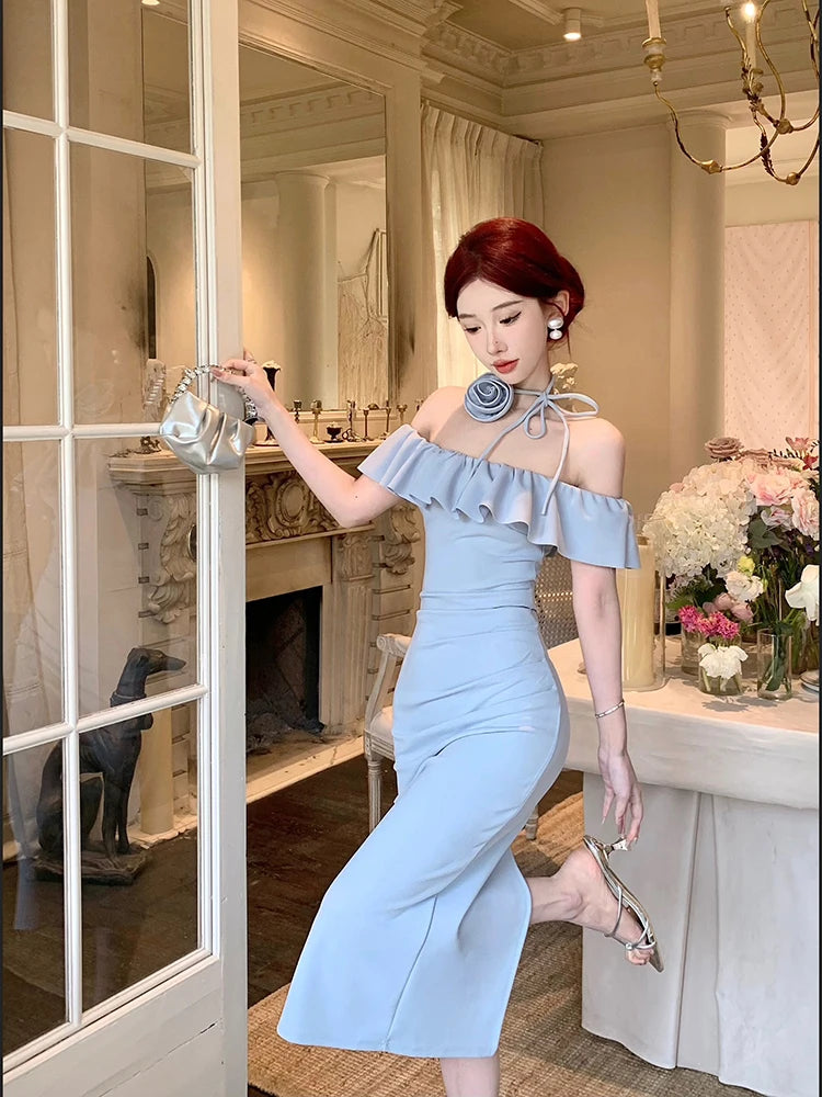 LIZAKOSHT  -  Women Slash Neck Ruffled Strapless Evening Dress Summer Sexy Flower Halter Temperament Waist Slim Fit Long Dresses Robe