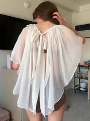 LIZAKOSHT -  Women Clothes Hollow Out Backless Blouses Summer O-neck Bandage White Tops Female Holiday Beach Cover-ups Streetwear