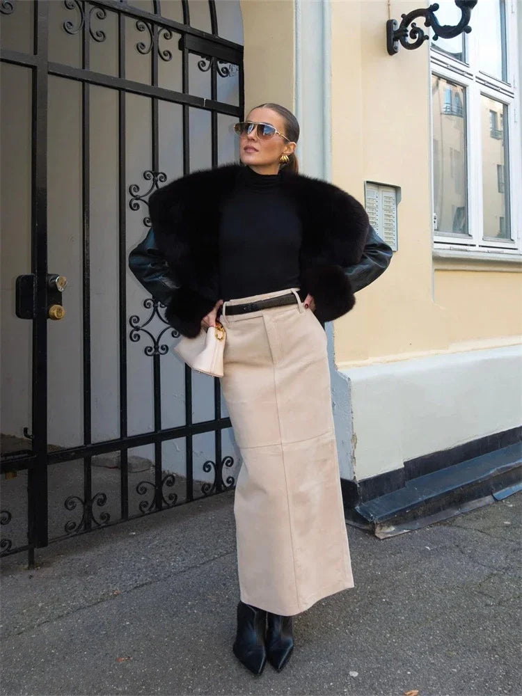 LIZAKOSHT  -  Women's Black PU Leather Jacket Large Faux Fur Collar Cuff Full Sleeve Lace Up Waist Cinching Coat 2025 Autumn Female Streetwear