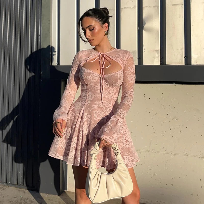 LIZAKOSHT  -  Lace Print Flare Long Sleeve Shawl Elegant Mini Dresses Sexy Pleated Bodycon Dress Evening Party Fall Y2K 2 Piece Sets