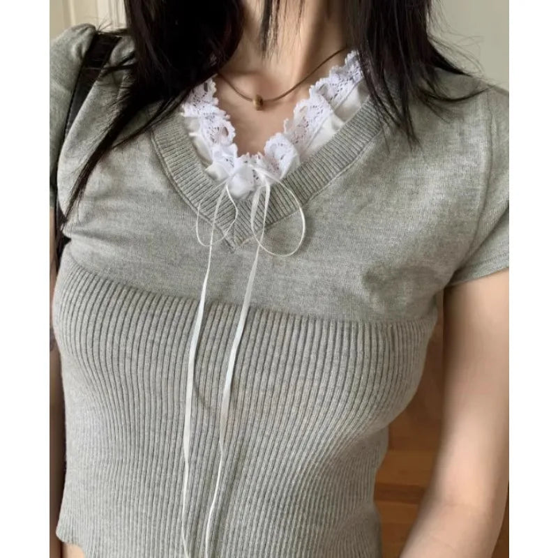 LIZAKOSHT  -  V-neck Bow Lace Up Casual Knit Short-sleeved T-shirt Women 2024 Summer New High Street Contrast Color Patchwork Sexy Crop Tops