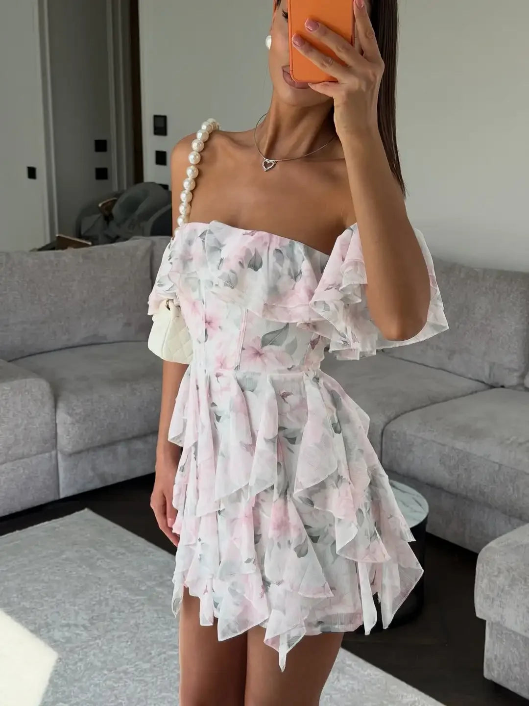 LIZAKOSHT  -  Women Pink Floral Print Chiffon Mini Dress Off Shoulder Short Sleeve Layer Ruffle Hem Summer Dresses Beach Vacation Party Gown