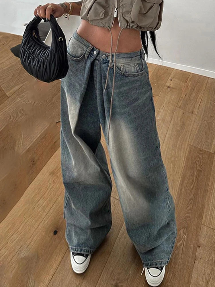 LIZAKOSHT  -  Streetwear Baggy Jeans Women Fashion Low Waist Jean Pants Y2K Vintage Casual Oversize Straight Washed Denim Trousers