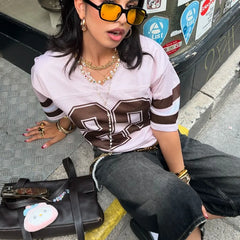 LIZAKOSHT  -  Women Y2k Graphic Oversized Jersey Tee Sporty Aesthetic Number Letter Print Jersey Shirt Preppy Clothes Retro Streetwear