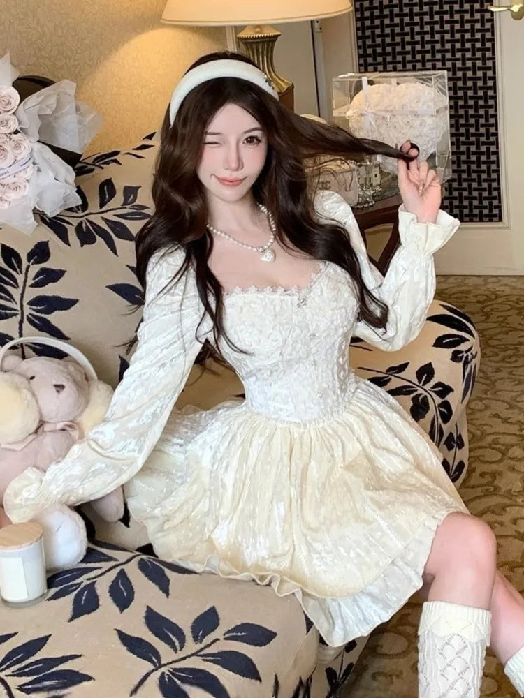 LIZAKOSHT  -  French Sweet Lace Spliced Princess Dress Autumn Long Sleeve Square Collar Beading Vestidos Elegant Retro Evening Party Clothing