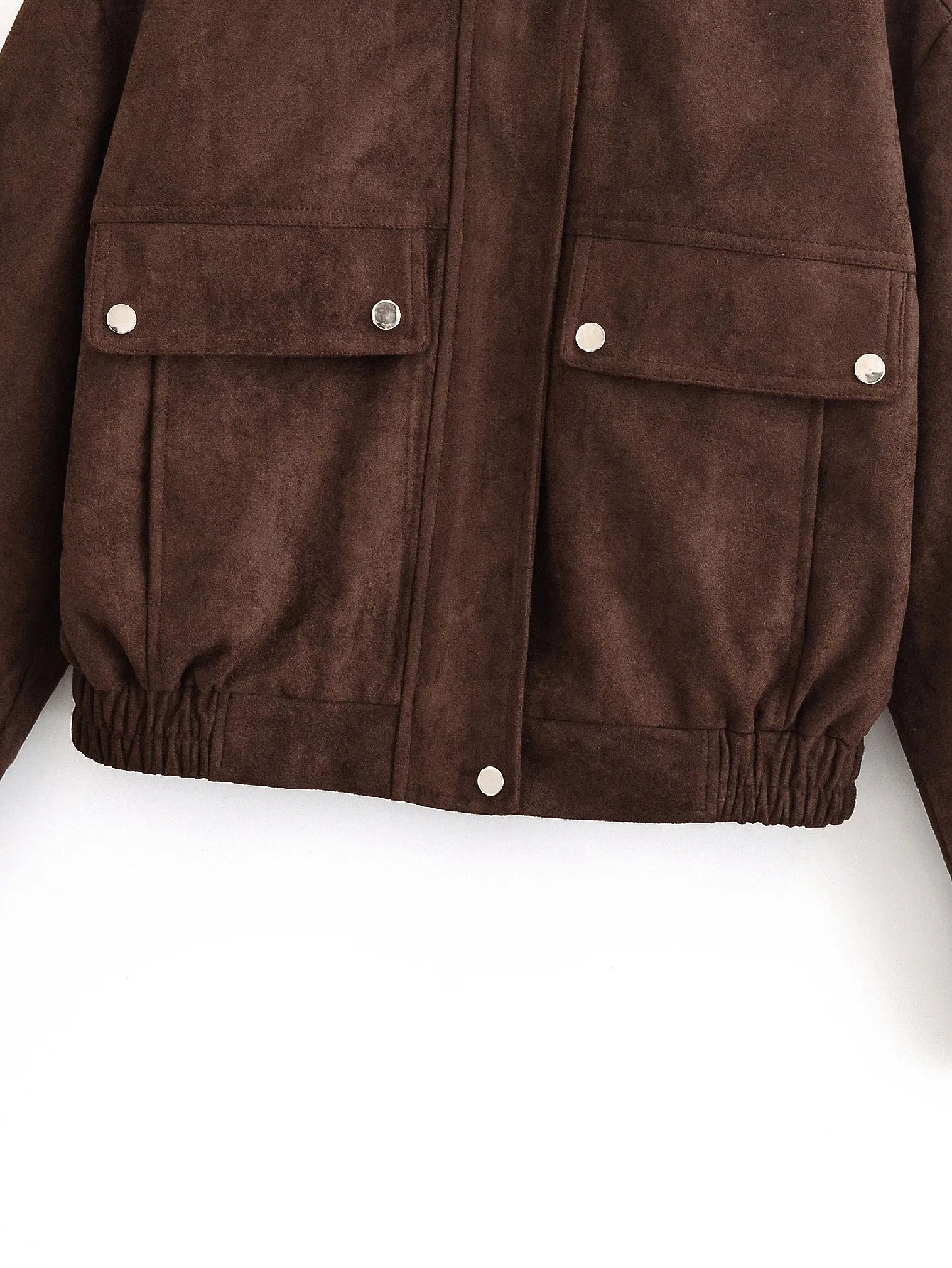 LIZAKOSHT  -  Vintage Suede Bomber Jacket For Women Brown Short Coat High Collar Long Sleeves With Pockets Overcoat New Autumn Winter