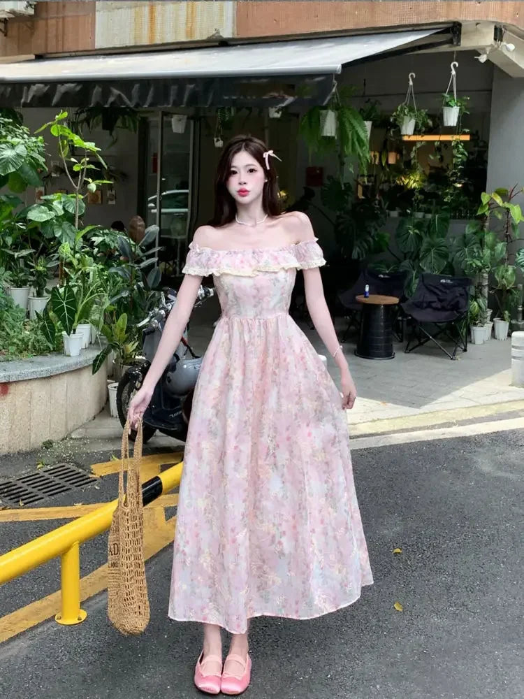 LIZAKOSHT  -  Beautiful Lace Square Neck Small Flying Sleeve Floral Dress with Temperament Waist-hugging and Slimming A-line Long Skirt