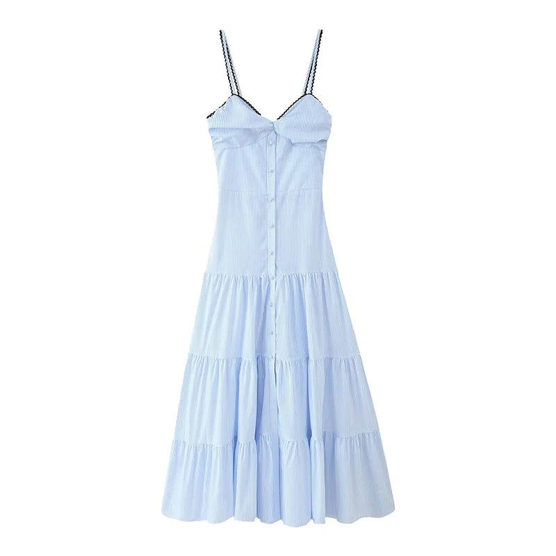 LIZAKOSHT  -  Fashion Striped Patchwork Slip Long Dress Women Loose Sleeveless Single Breasted A-line Maxi Dress New Chic Street Lady Vestidos