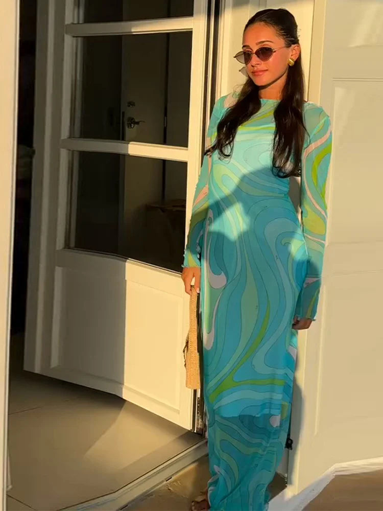 LIZAKOSHT  -  Sexy Women's Sheer Mesh Bodycon Maxi Dress Chic Print Sleeveless Slim Fit Beach Vacation Long Dresses Casual Daily Female Outfit