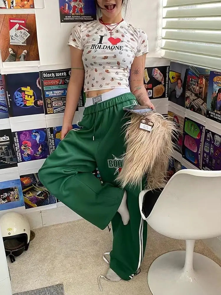LIZAKOSHT  -  Sports Pants Two-Bar Letter Printing American Summer Women Green Loose Straight Mop The Floor Leisure Wide-Leg Pants Tide