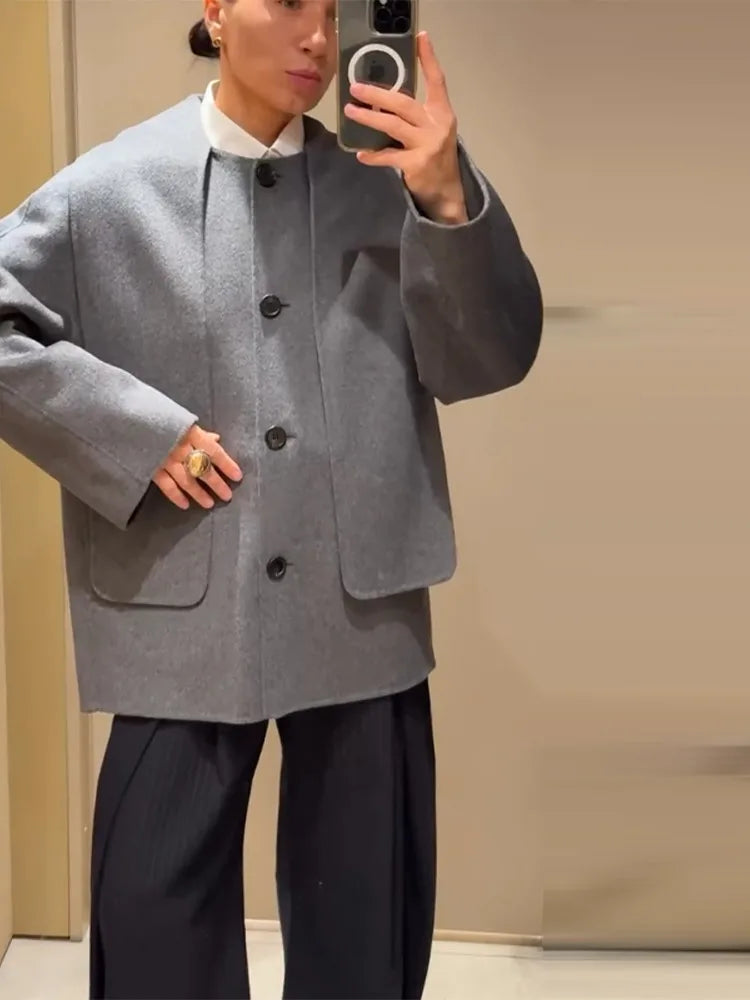 LIZAKOSHT  -  Solid Wool Cape Style Coat Women Scarf Detail Button Front Full Sleeve Loose Jacket 2025 Autumn Elegant Female Casual Outerwear