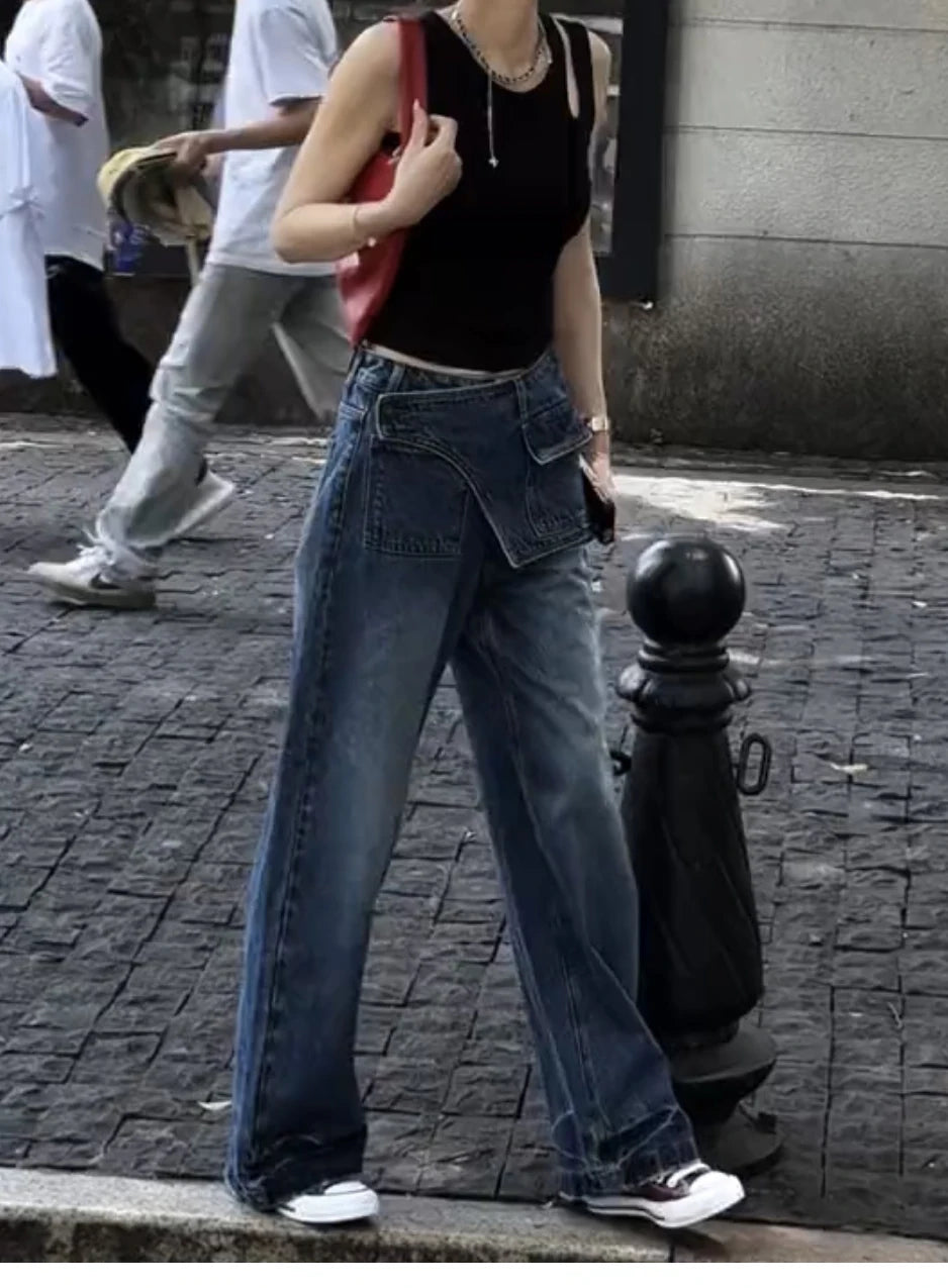 LIZAKOSHT  -  Women Casual Eclectic Waif 2000s Jeans American Vintage Patchwork Jeans Y2K Harajuku Street Style Washed Pockets Denim Trouser