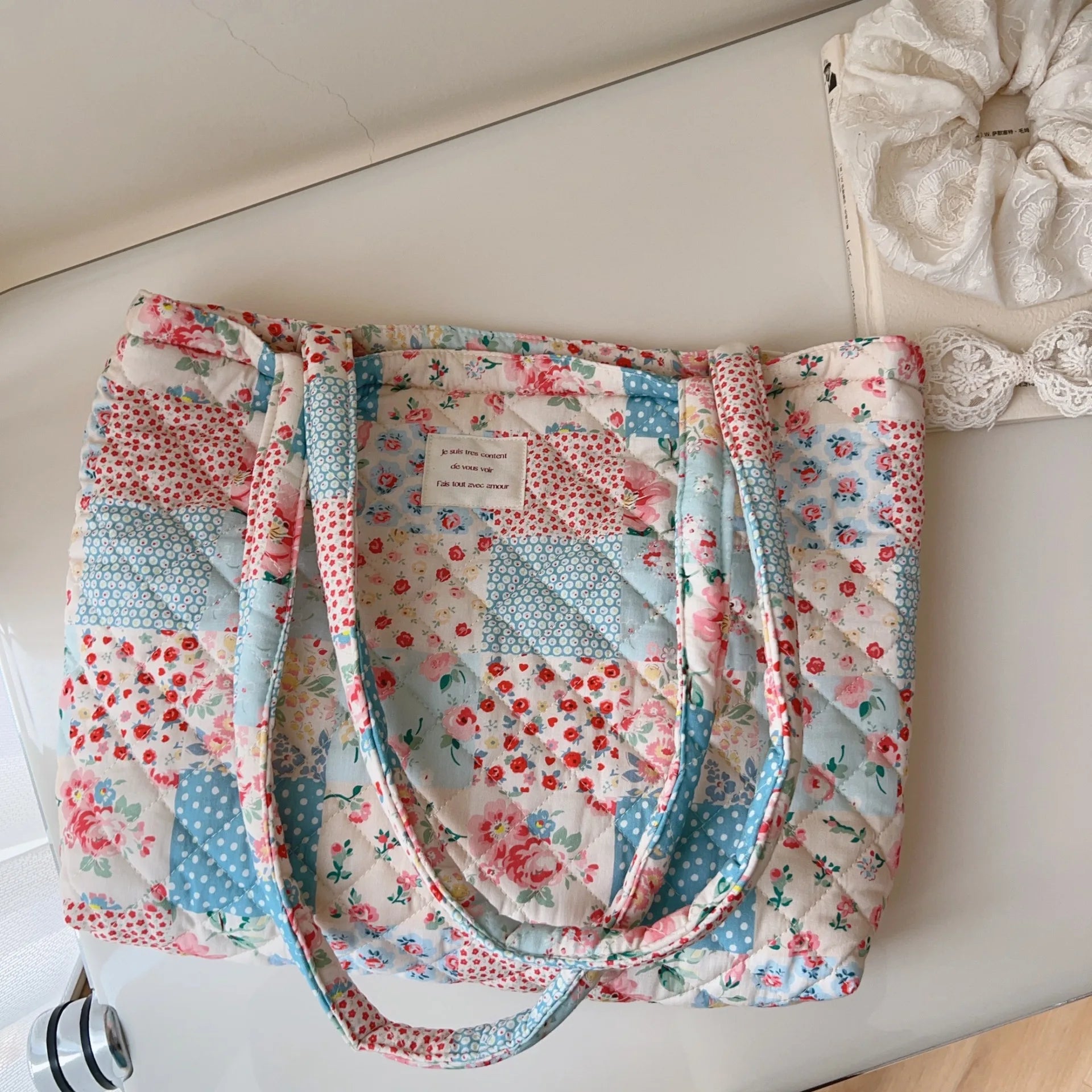 LIZAKOSHT  -  Floral Quilted Tote Bag For Women Large Capacity Soft Handbag For Winter Daily Use Thickened Design Shoulder Bag