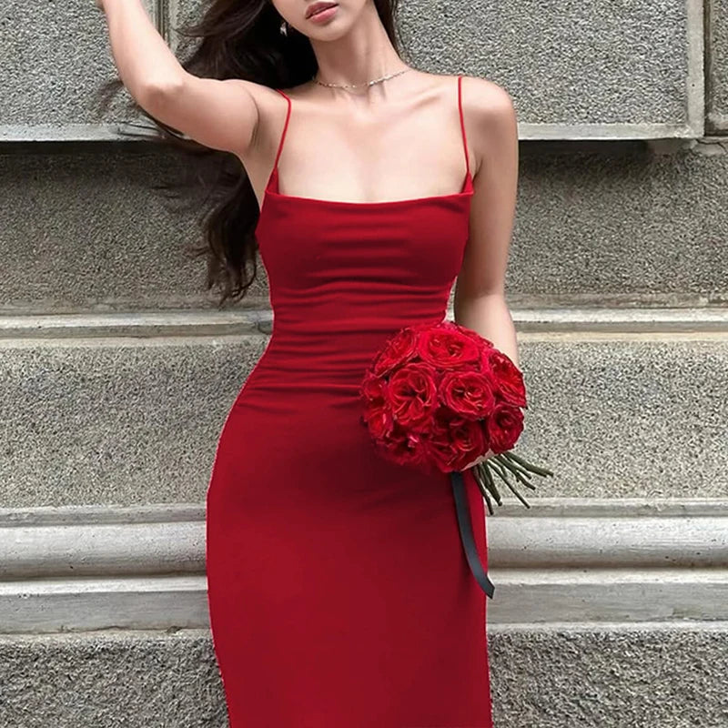 LIZAKOSHT  -  Base Style Casual Sexy Cross Sling Open Back Sleeveless Bodycon Solid Color Long Dress Dating Party Summer Outfit For Women