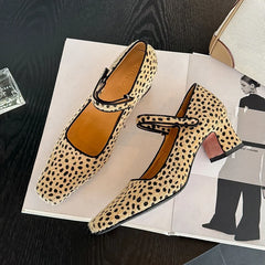 LIZAKOSHT  -  Fashion Pumps High Quality Square Head Shallow Mouth Thick Heel Leopard Pattern High Heels Mary Janes Women Heels Shoes