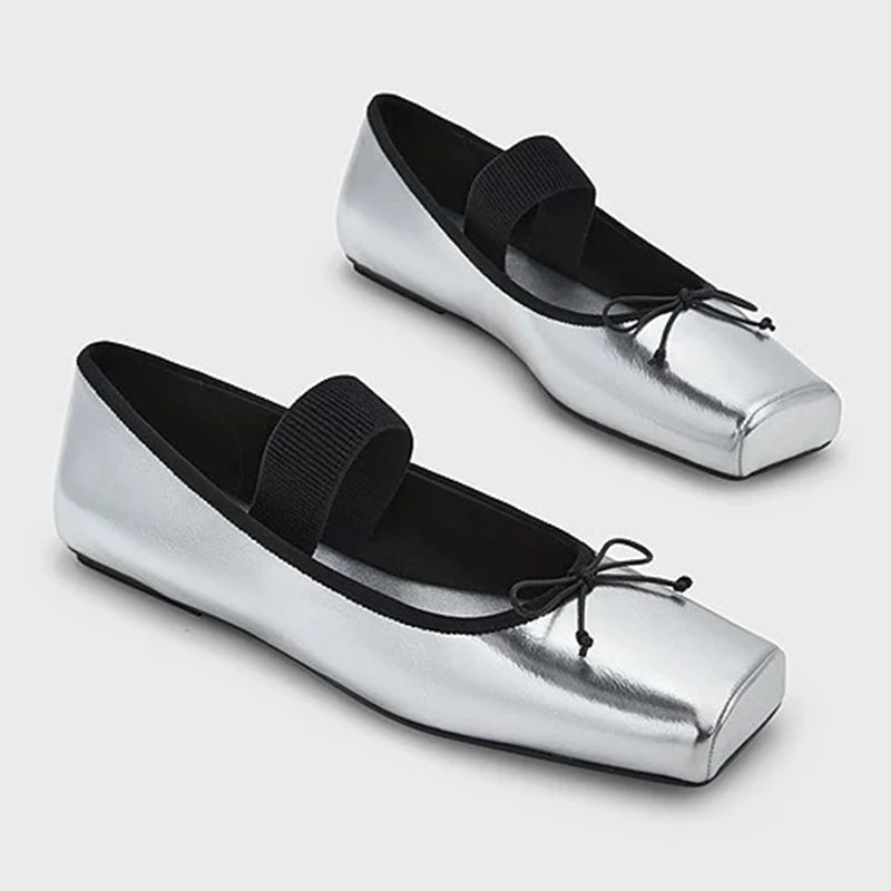 LIZAKOSHT  -  sweet pink silk flat shoes woman square toe bowtie ballet flats silver leather mary janes shoes elastic band moccasions women
