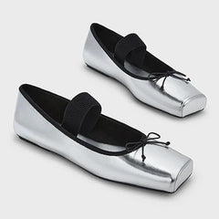 LIZAKOSHT  -  sweet pink silk flat shoes woman square toe bowtie ballet flats silver leather mary janes shoes elastic band moccasions women