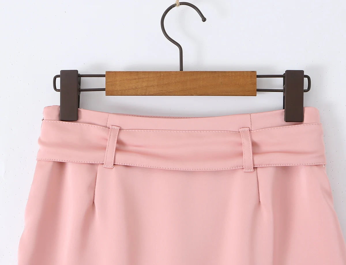 LIZAKOSHT  -  Sexy With Sashes Zipper Waist Satin Skirt With short lining Women Ruffles Hem A-line Package Hips Short Skater Bottom Black Pink