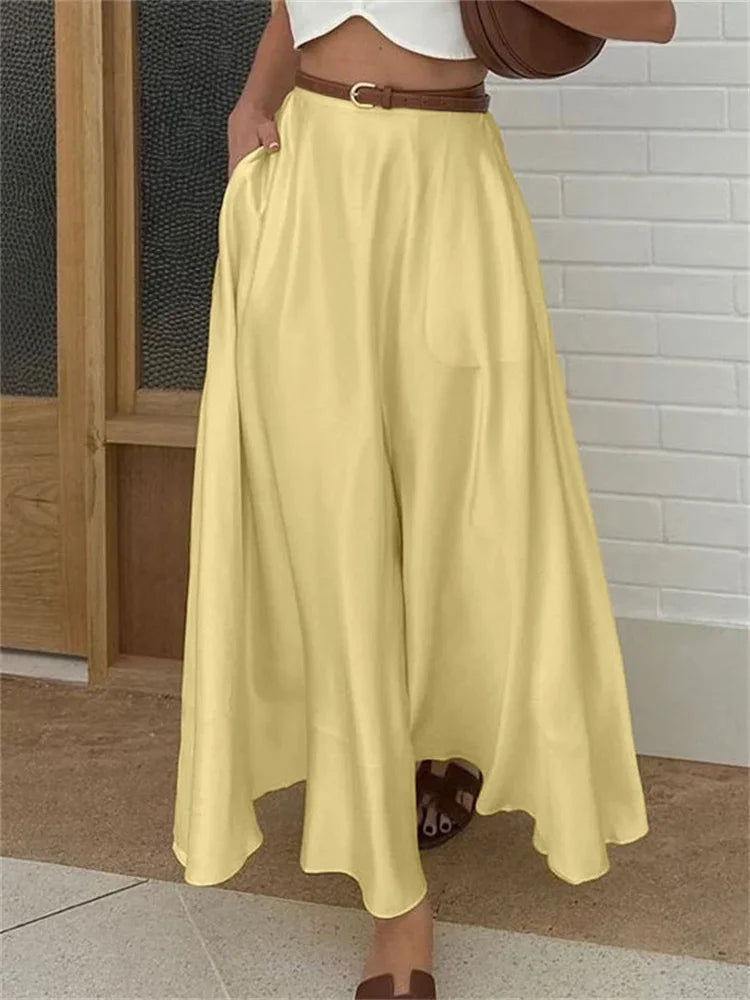 LIZAKOSHT  -  Satin Yellow Maxi Skirt for Women – High Waist Slim Fit Pocket Design Draped Silky Long Skirt Elegant Summer Outfit