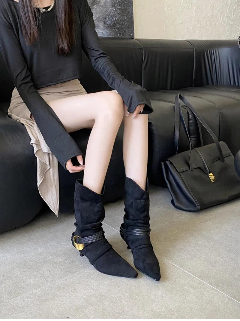 LIZAKOSHT  -  Autumn Fashion Low Heel Ankle Boot Women Slip On Pointed Toe Shoes Mordern Short Booties Zapatos De Mujer