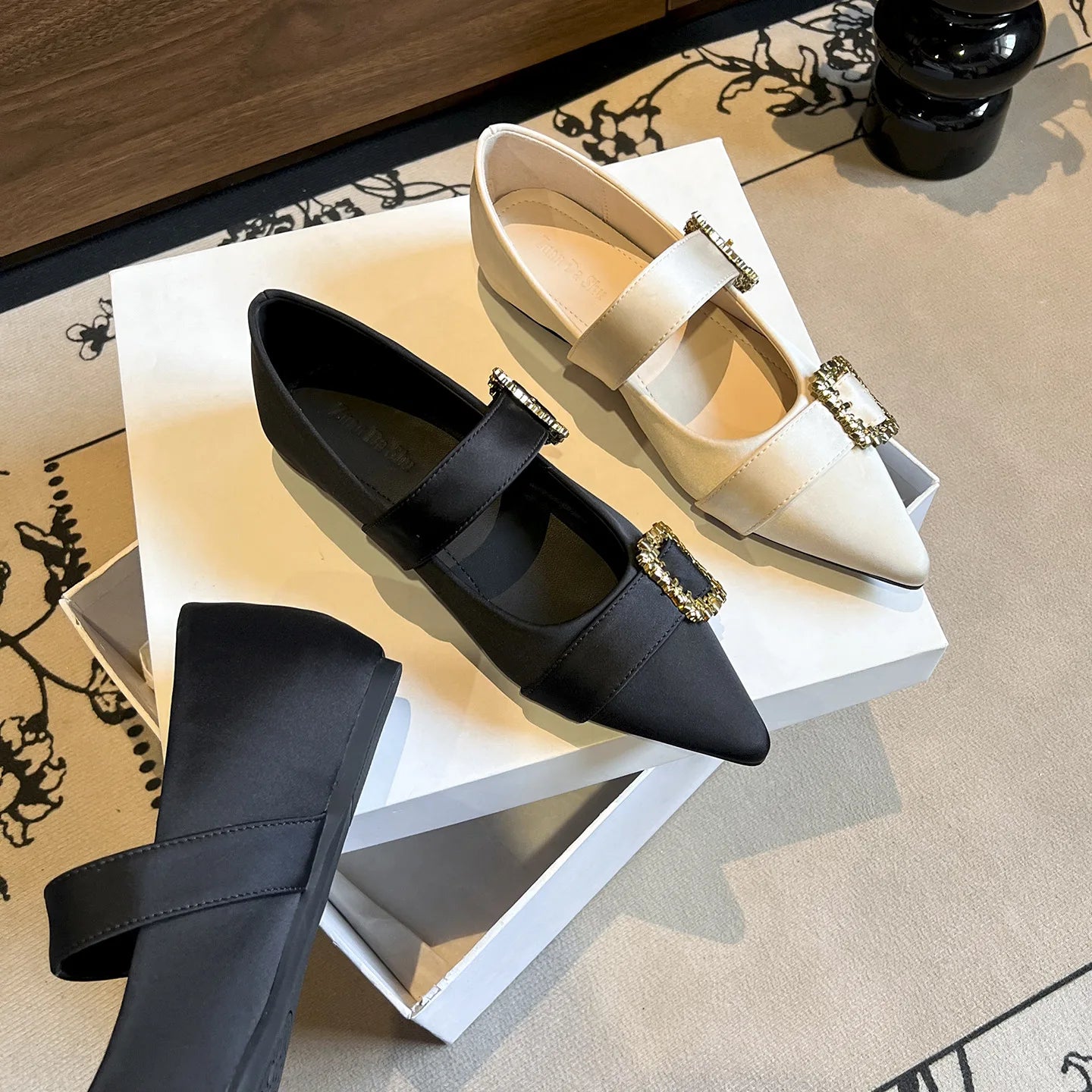 LIZAKOSHT  -  elegant ladies rhinestone buckle flats women pointed toe silk ballerina shoes low heel height increasing crystal loafers size 43