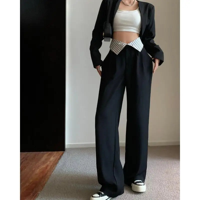 LIZAKOSHT  -  Autumn Trend High-waisted Hong Kong Style Slim Fit Wide-leg Suit Pants for Women Ins Unique Niche Casual Floor-length Pants