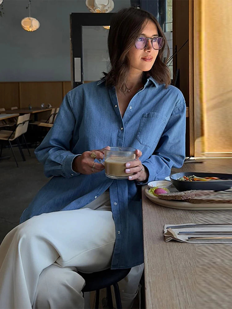 LIZAKOSHT  -  Casual Denim Blue Shirt Women Spring Summer Sun Protection Cardigan Solid All-match Shirts With Button Lady Streetwear