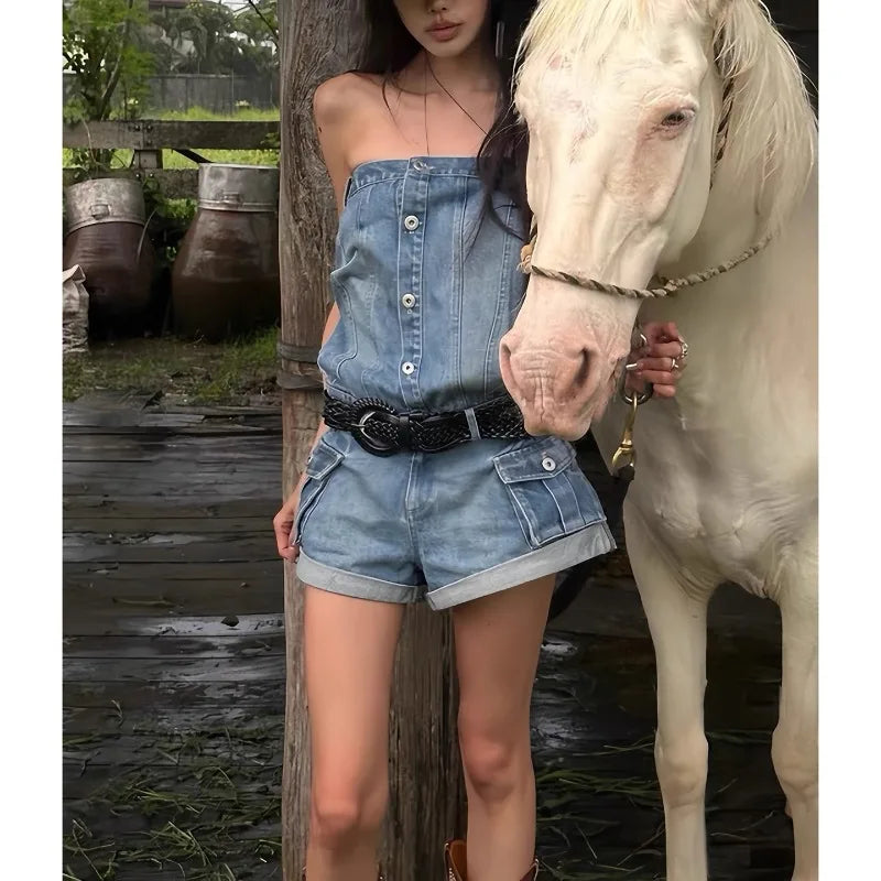 LIZAKOSHT  -  Sexy Spicy Girl Versatile Edge Slimming Shorts Summer Sleeveless Single Breasted Street Fashion Y2k Temperament Jeans Jumpsuit