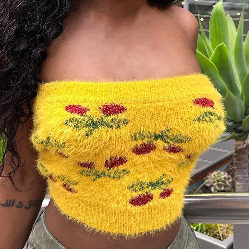 LIZAKOSHT  -  Jacquard Knitted Plush Strapless Top for Women's Summer New Style Sexy and Spicy Girl Style Slim Fit Interior Sweater Tank Tops