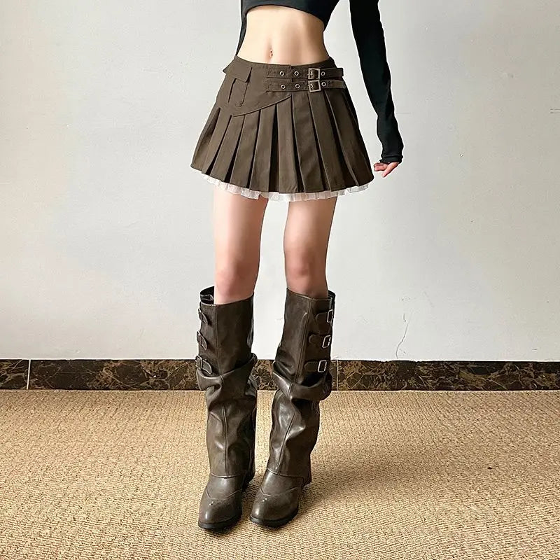 LIZAKOSHT  -  Girls' Wind Lace Stitching Tooling Skirt Spring and Summer High Waist Fashion Spice Girls Pleated Skirt