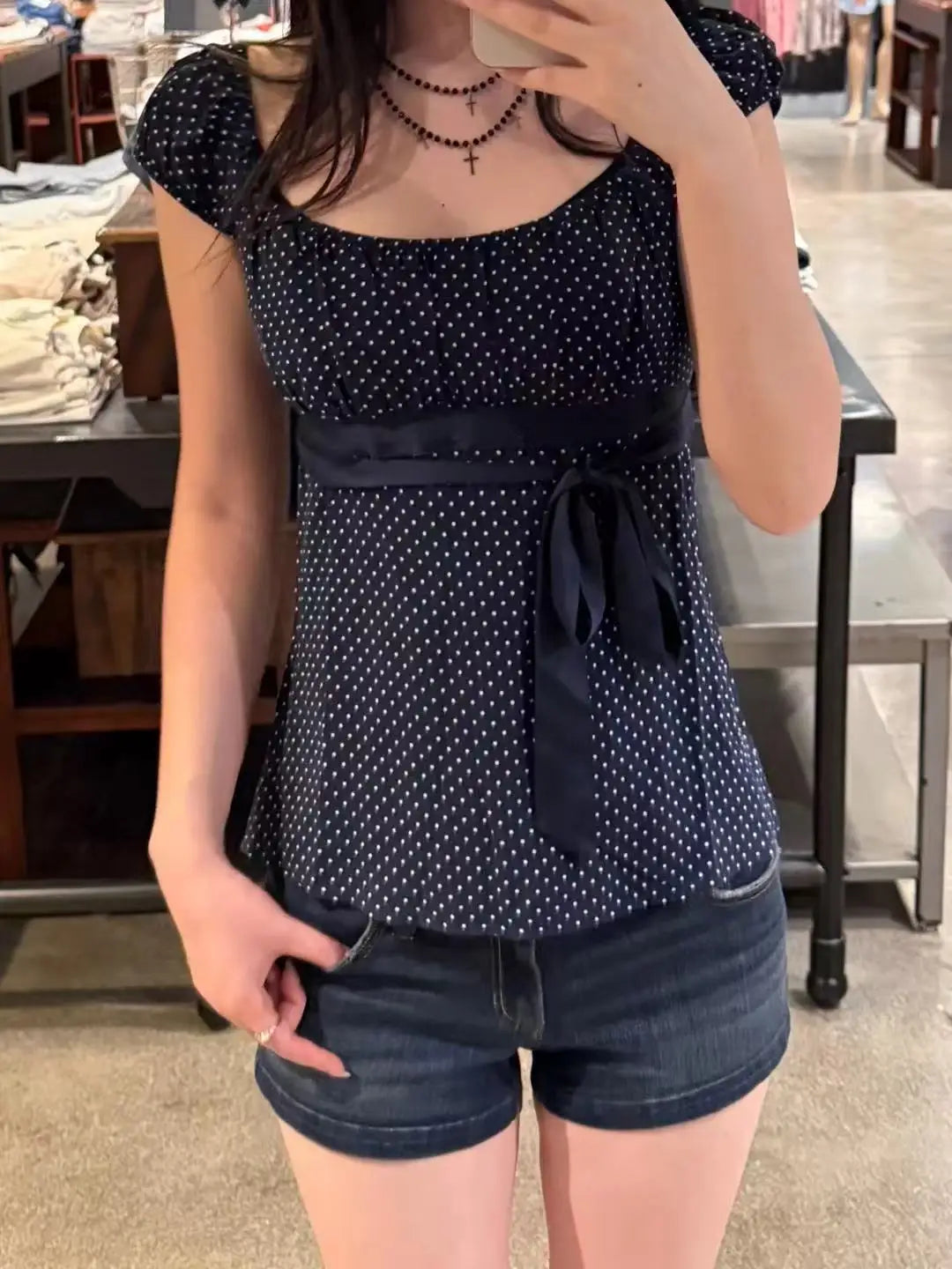 LIZAKOSHT  -  Polka Dot Ribbon Slim T-shirt Blouse Women Summer Square Collar Bow Lace-up Puff Sleeve Shirts Casual Sweet Vintage Tshirts New
