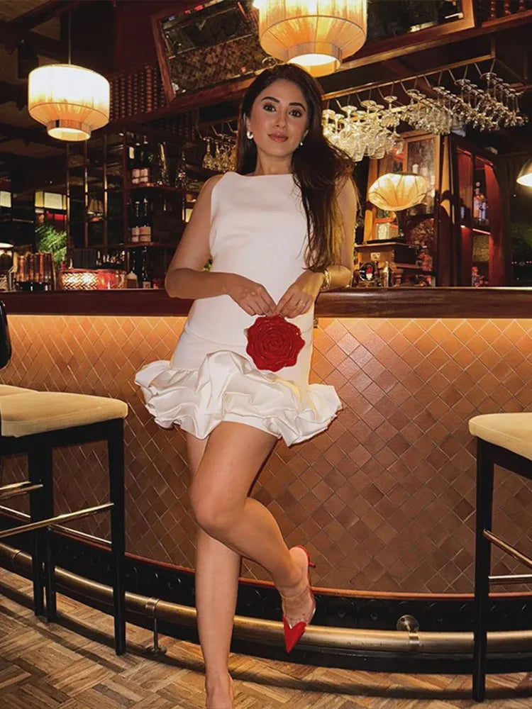 LIZAKOSHT  -  New Elegant White Ruffles Pleated Mini Dress Women Fashion O-neck Sleeveless Slim Vestido Female Chic Party Evening Dresses