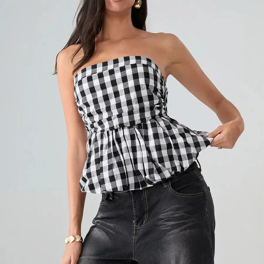 LIZAKOSHT  -  Vintage Y2k Strapless Tube Tops Women Summer Bubble Hem Plaid Print Bandeau Vest Backless Shirts Lettuce Trim Scarf Streetwear