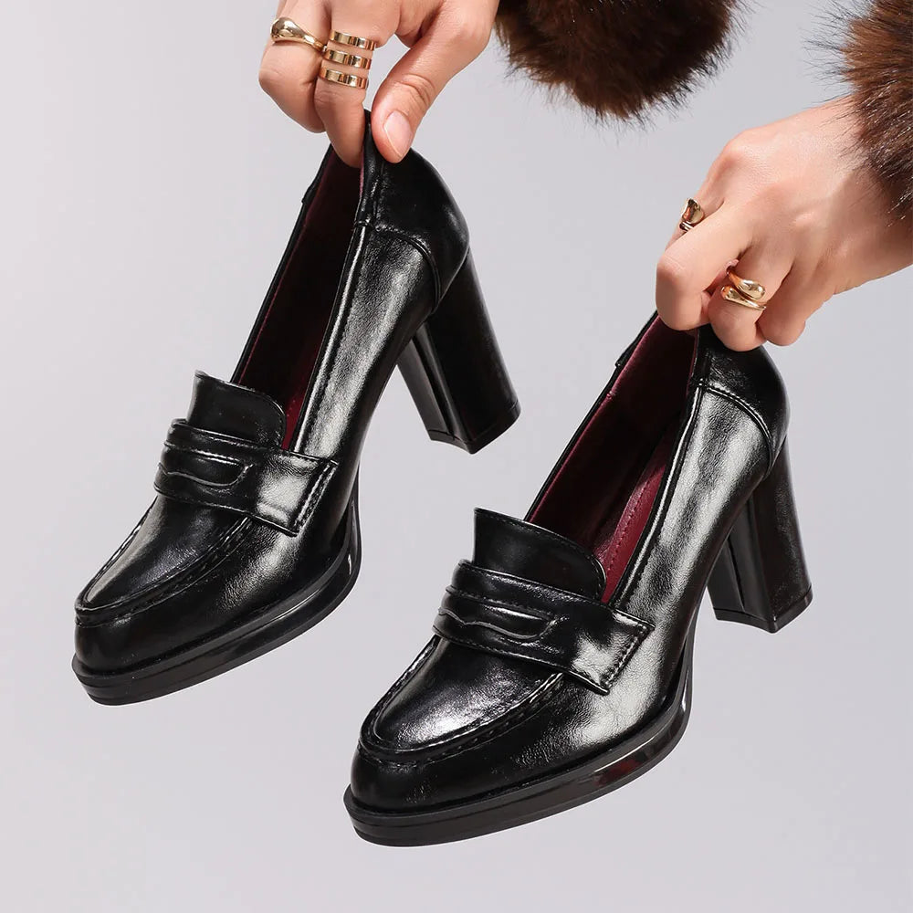 LIZAKOSHT  -  Big Size 42 Summer Classic Black Slip On Pumps Women Shoes Retro 8cm Height Square Heels Office Lady Loafers Dress Shoes