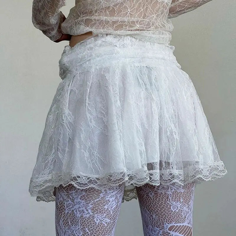 LIZAKOSHT  -  Mini Skirts Solid Patchwork Lace A-Line Pleated Skirts Basic Mid-Waisted Sweet Women Summer Fashion Streetwear Lady
