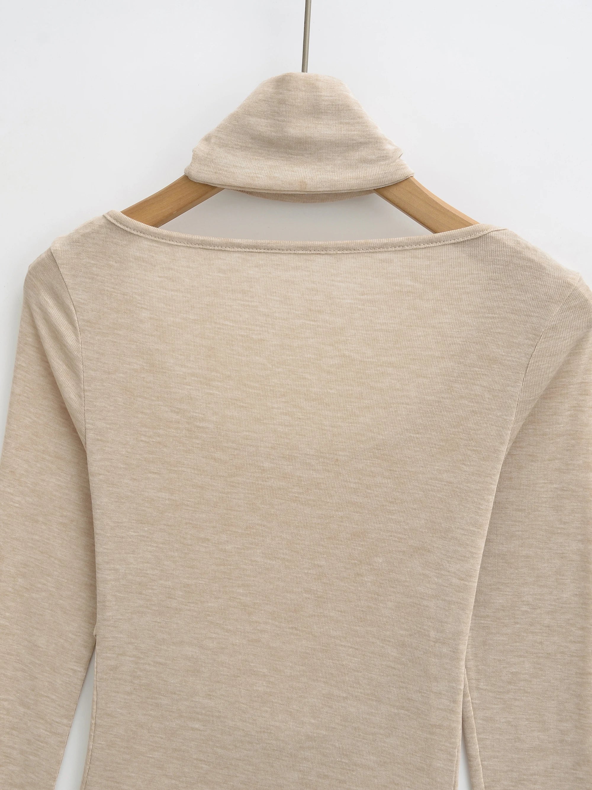 LIZAKOSHT  -  3 color Spring Removable High Collar Long Sleeve T Shirt Women Spliced Ruched Chest Stretch T-shirt Skinny Top Apricot White