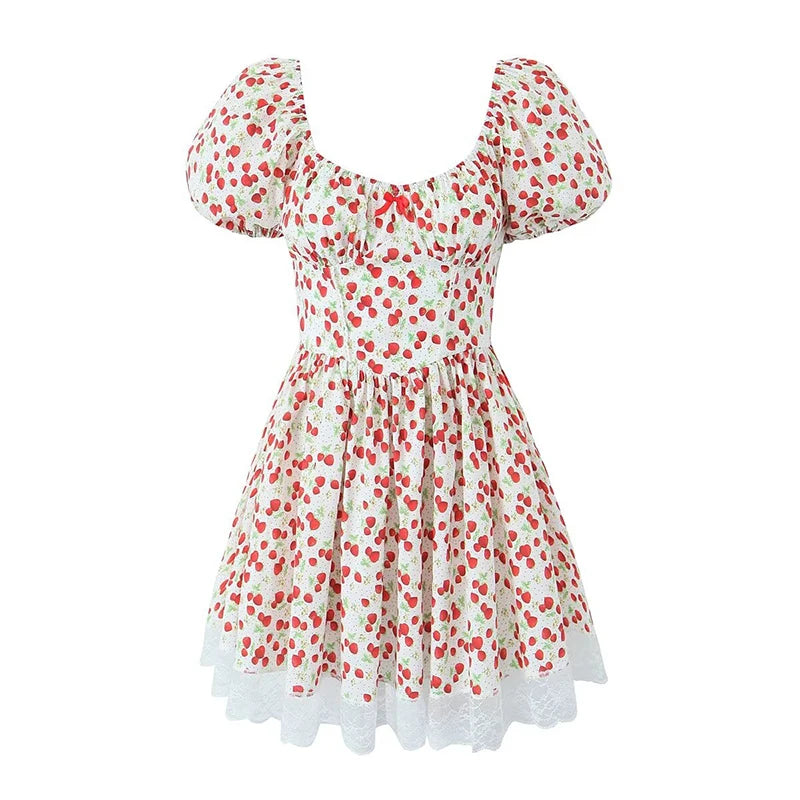 LIZAKOSHT  -  Summer Women Strawberry Print Sweet Dress Vintage Puff Sleeve V Neck Ladies Holiday Elegant Dress Short Robe Beautiful Clothing