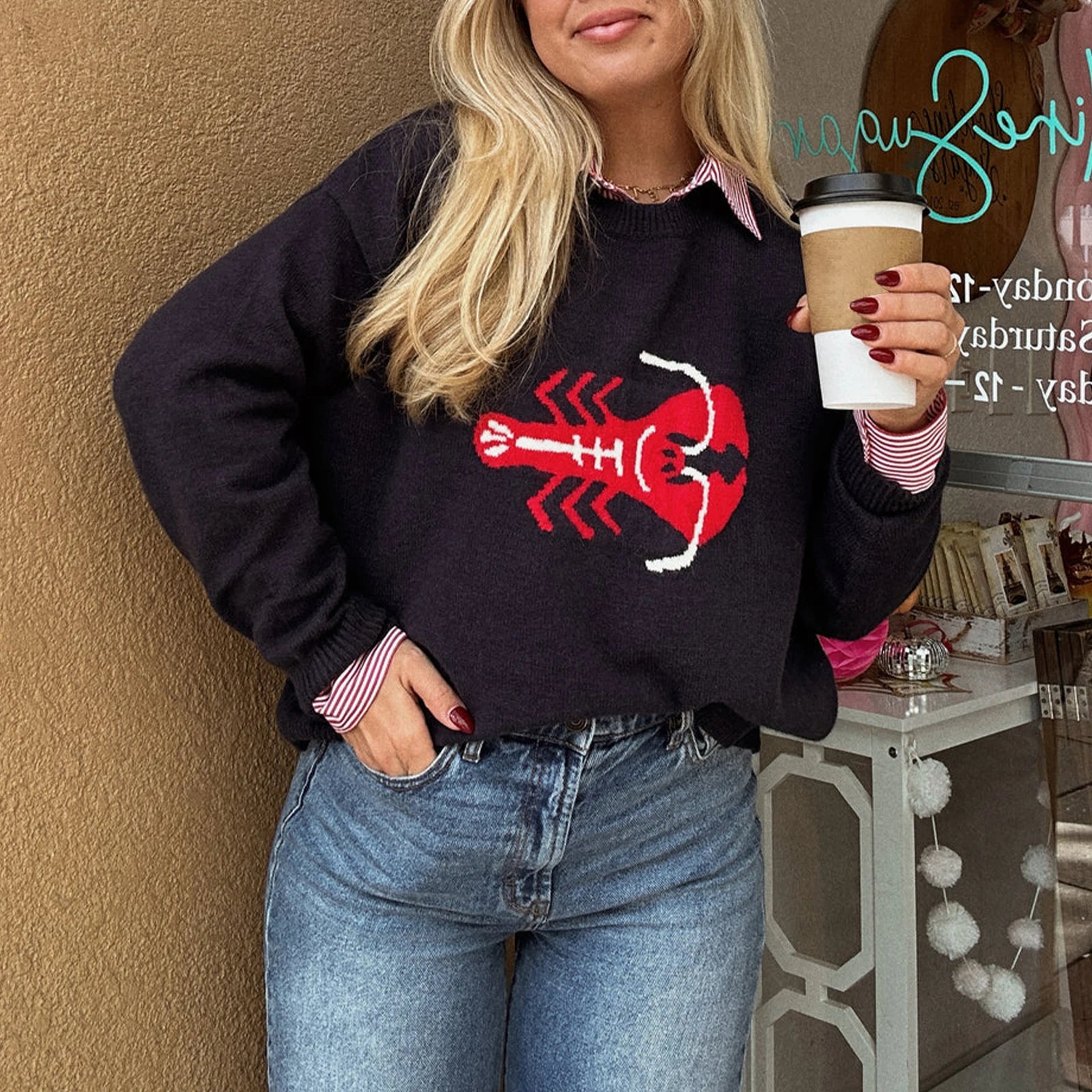 LIZAKOSHT  -  Women s Crab Sweater Crew Neck Long Sleeve Pullover Knit Tops Casual Streetwear for Autumn Winter Season