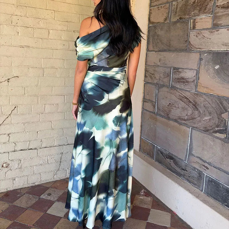 LIZAKOSHT  -  Women Fashion Irregular Hight Waist Holiday Dress Casual Sleeveless Print Party Dress Elegant Slant Shoulder Draped Long Dress