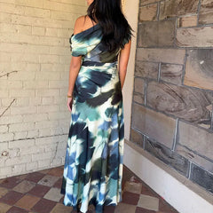 LIZAKOSHT  -  Women Fashion Irregular Hight Waist Holiday Dress Casual Sleeveless Print Party Dress Elegant Slant Shoulder Draped Long Dress