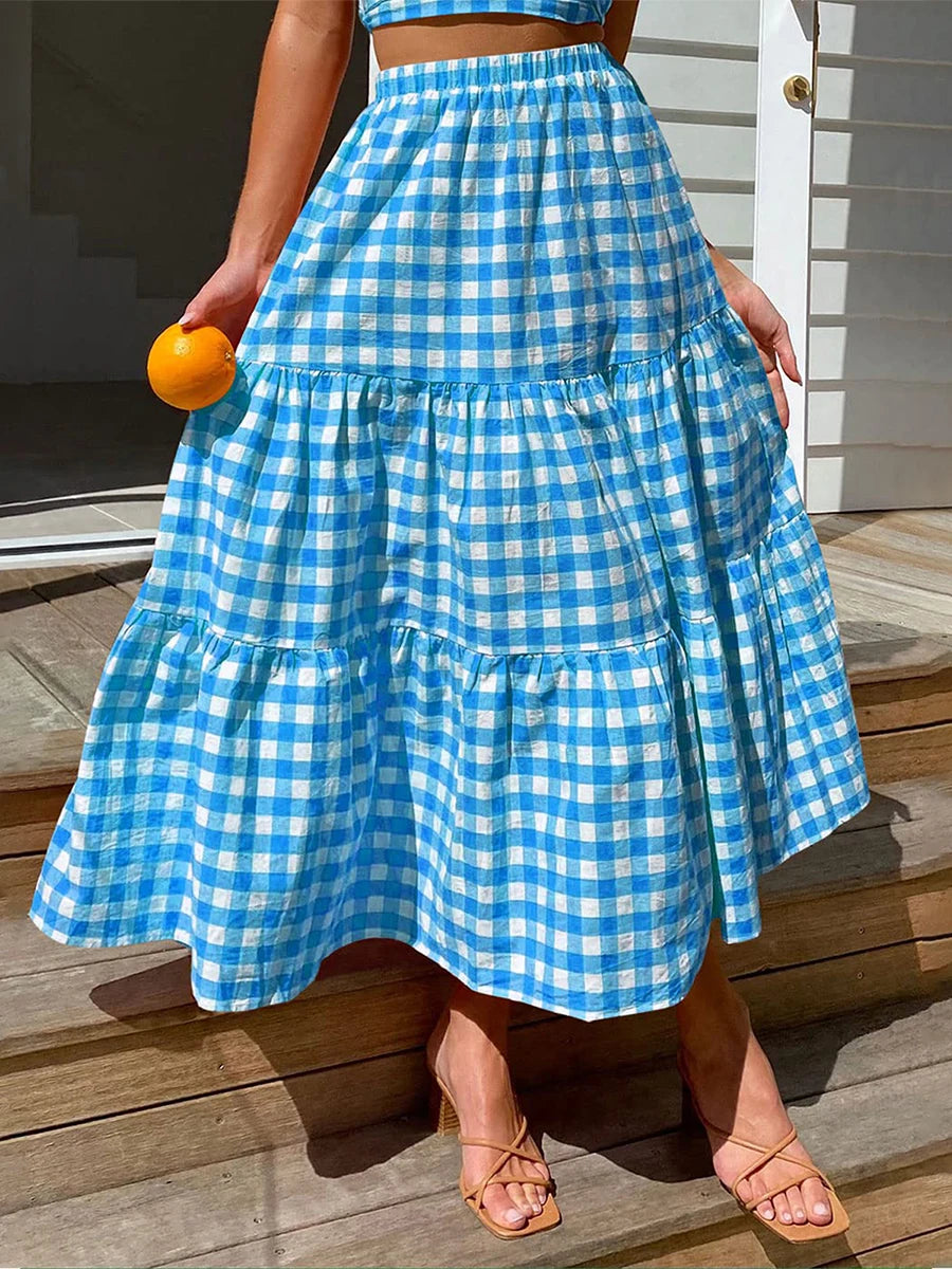 LIZAKOSHT  -  Maxi Gingham Skirt Vintage Tiered Ruff Patchwork Plaid Long Skirt Women Japanese Grunge Fairyore High Waist A-line Swing Skirts
