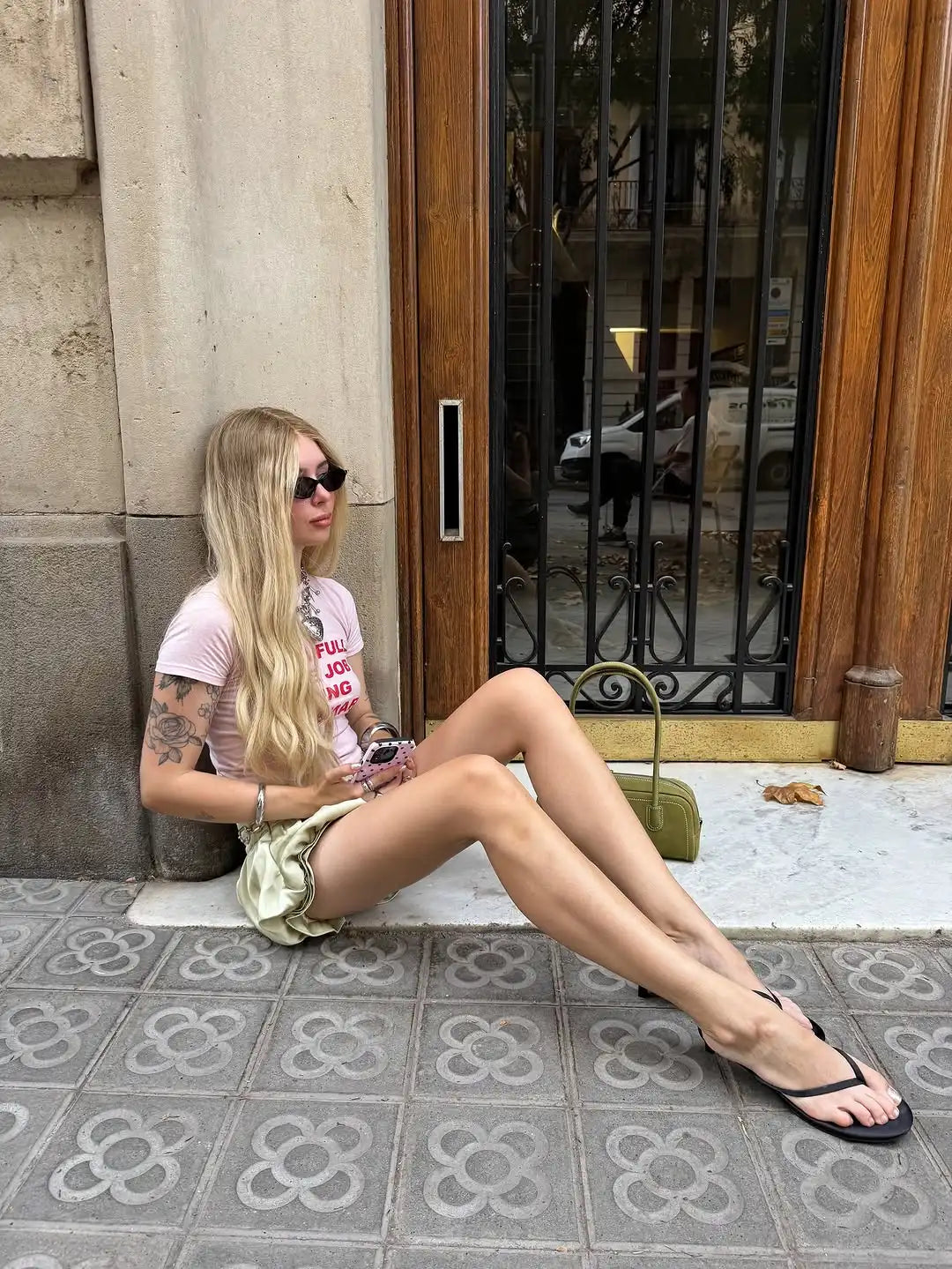 LIZAKOSHT  -  Lady Chic Satin Bubble Shorts Women Light Green Chain Trim High-waist Casual Street Vacation Bottoms Summer Outing Pants