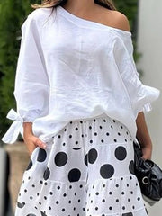 LIZAKOSHT  -  Simple Off Shoulder Women's Tees One-Shoulder Tops Elegant Loose Asymmetric Tied Casual White Blouses&Shirts Female