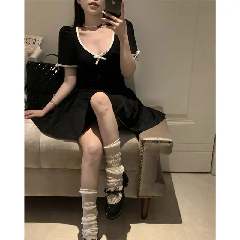 LIZAKOSHT  -  New Summer Sweet Y2k Black Mini Dress Sexy Bow V Neck Women Party Backless Dress Retro Hollow Out  Dress Korean Vestido Sundress
