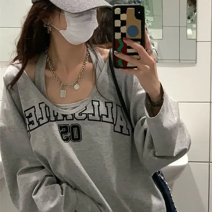 LIZAKOSHT  -  Sudaderas Spring Autumn Sweatshirt Halter Letter Print Loose 2 Piece Aesthetic Hoodies Women Retro Fashion Casual Y2k Streetwear