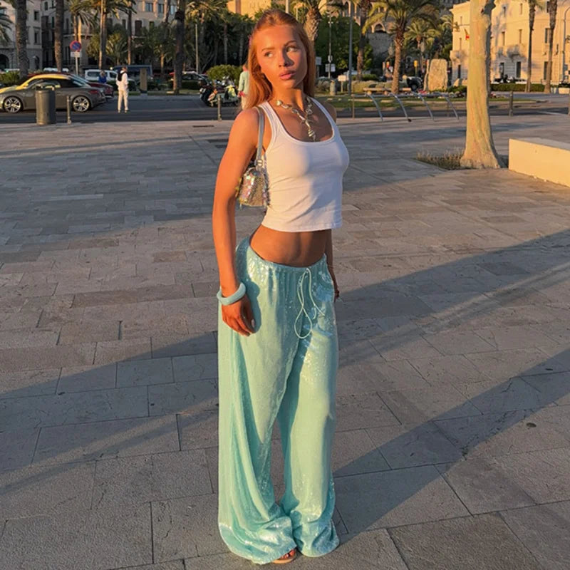 LIZAKOSHT  -  Fashion  Sequin Wide Leg Pants Women Casual Loose Lace Up Low Waist Straight Trousers 2025 Summer Lady Vintage High Street Pants