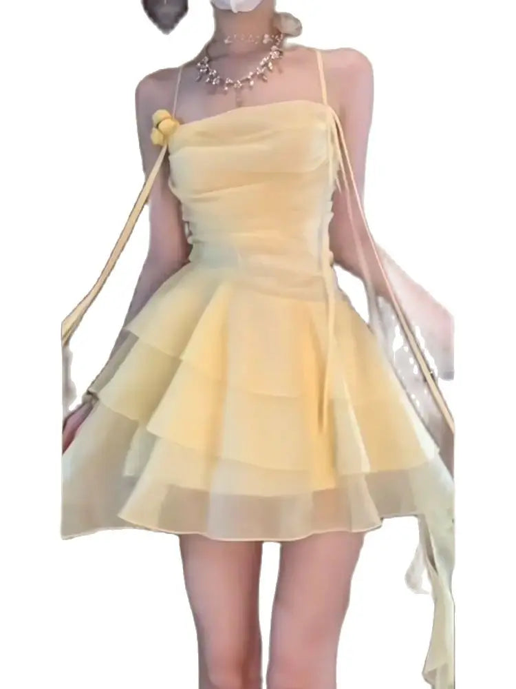 LIZAKOSHT  -  Japan Woman's Sexy Dress Yellow Square Collar Sleeveless Backless Summer Dresses Woman Trendy  New