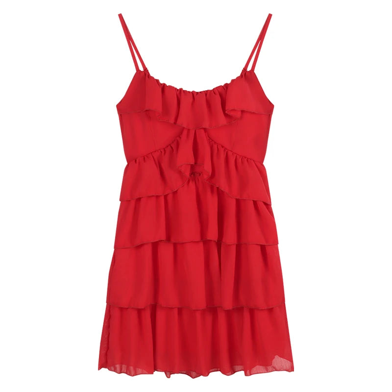LIZAKOSHT -  Ruffled Red Solid Color Helter Dress Korean Fashion Backless Sleeveless Summer Fashion Short Sexy Dresses